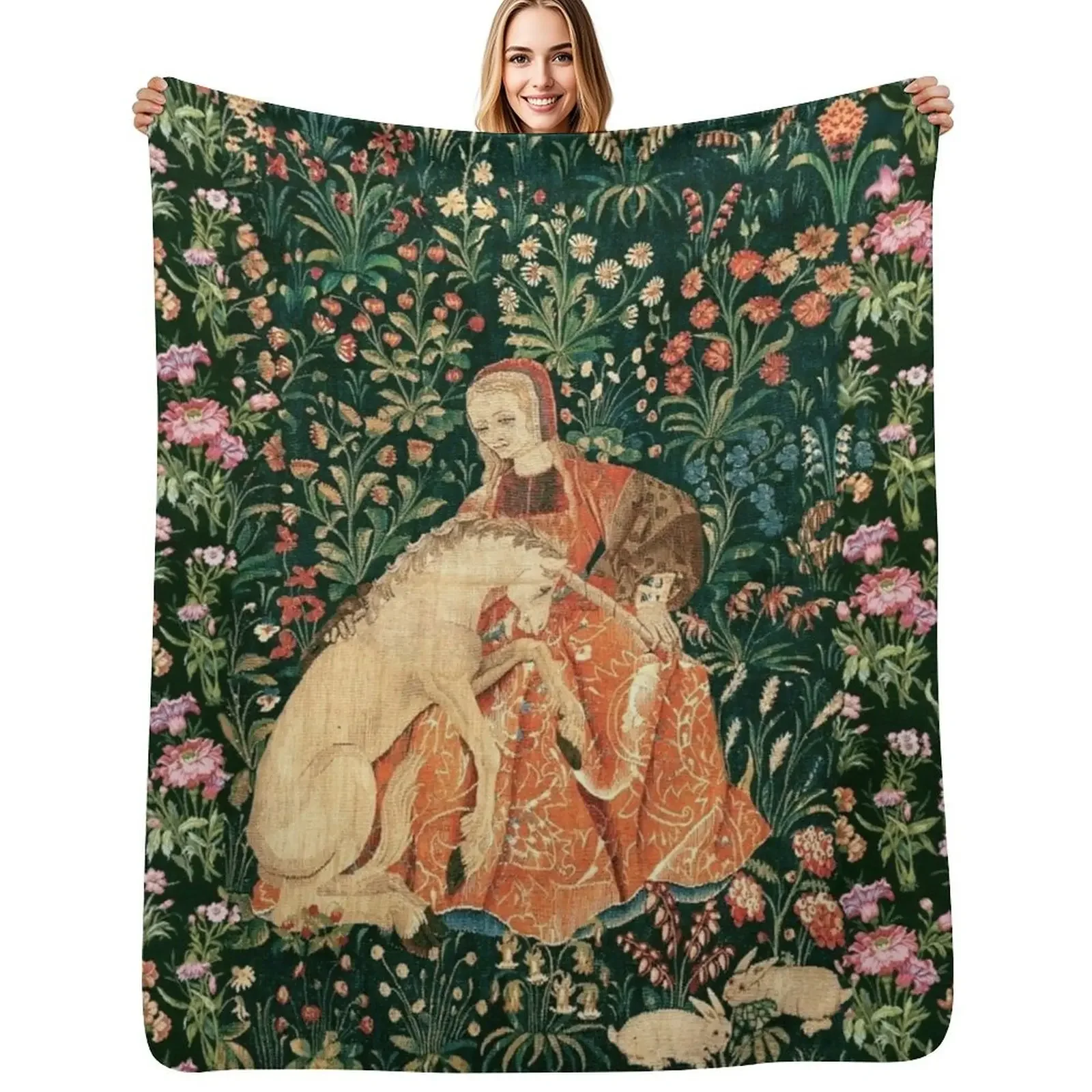

LADY AND UNICORN AMONG FLOWERS ,HARES,Red Green Floral Throw Blanket Luxury Thicken wednesday Soft Beds Blanket