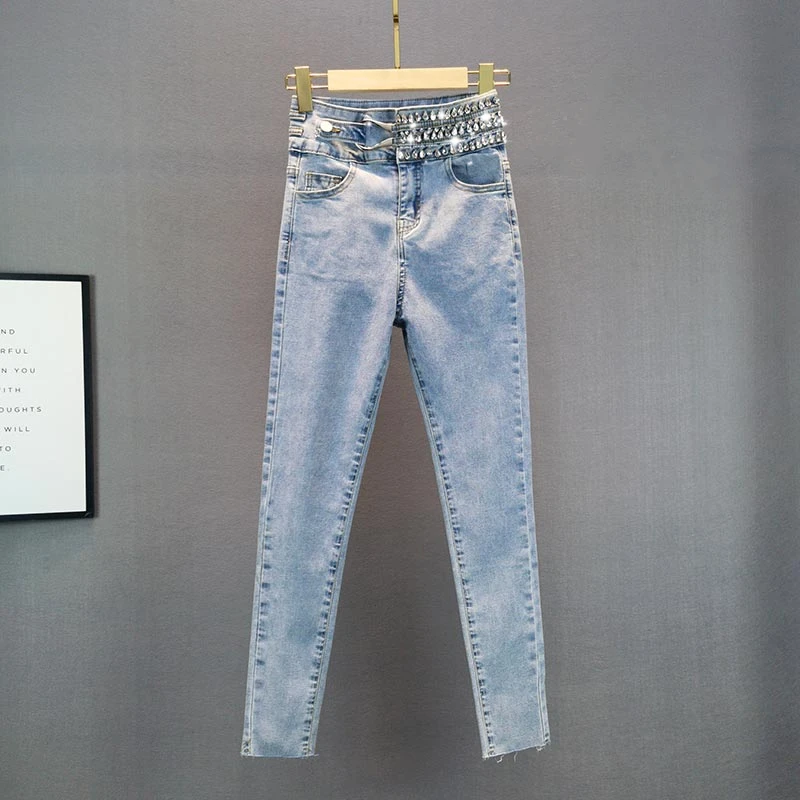 

Heavy Embellished Diamond Women's Jeans High Waist Slim Fit Long Pants Spring Summer Fashion Trend Pencil Pants Cotton Stretc...