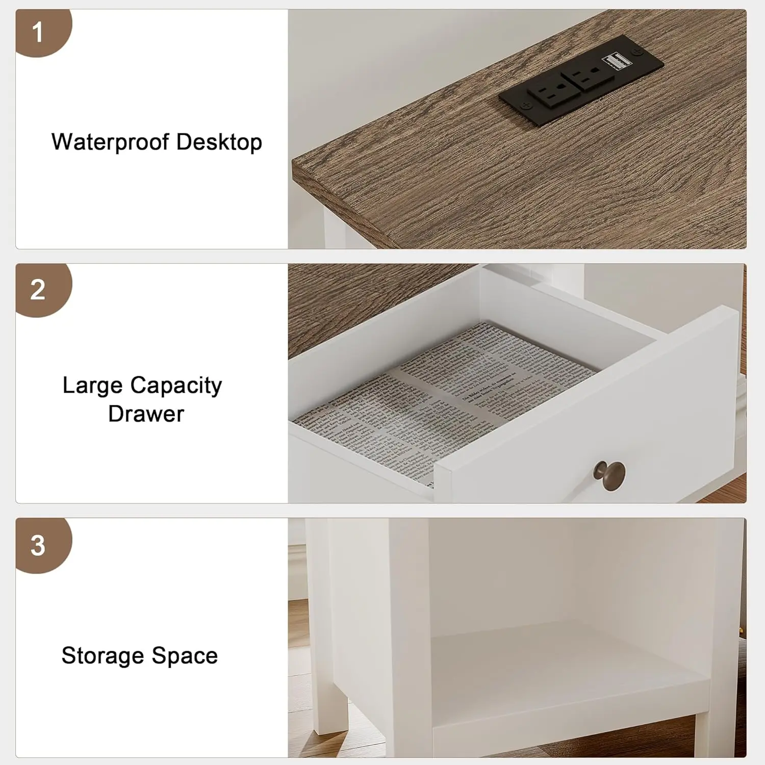 Farmhouse Nightstand Set Of 2,Night Stand With Charging Station, Wooden Top Bedside End Table With Drawer And Storage Space For