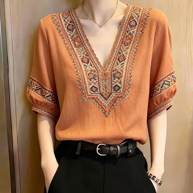 Ethnic Embroidered V Neck Blouse Women Loose Puff Sleeve Half Sleeve Boho Style Summer Casual Top Lightweight Cotton Blend Shirt