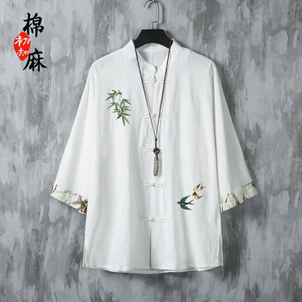 Chinese Style Men's Linen Cotton Short Sleeve Shirt, Summer Thin Frog Button Tang Suit, Printed Loose Half Sleeve Blouse