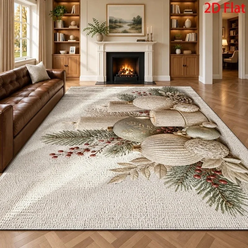 Neutral Textured Christmas Ornament Area Rug Knitted Bauble Pine Berry Print Floor Mat Simple Elegant Farmhouse Holiday Carpet
