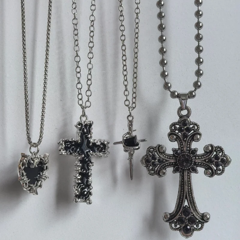 4Pcs Gothic Necklace Set, Black rhinestone cross heart pendant necklace with stab dagger decoration, Dark Aesthetic Jewelry