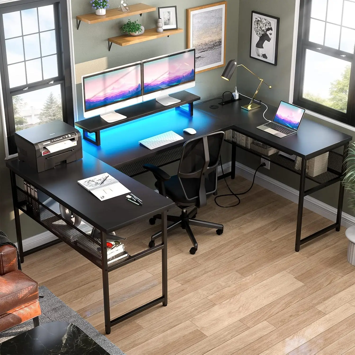 Unikito U Shaped Computer Desk with Power Outlet and LED Strip, Reversible L Shaped Office Desk with Monitor Stand and Storage