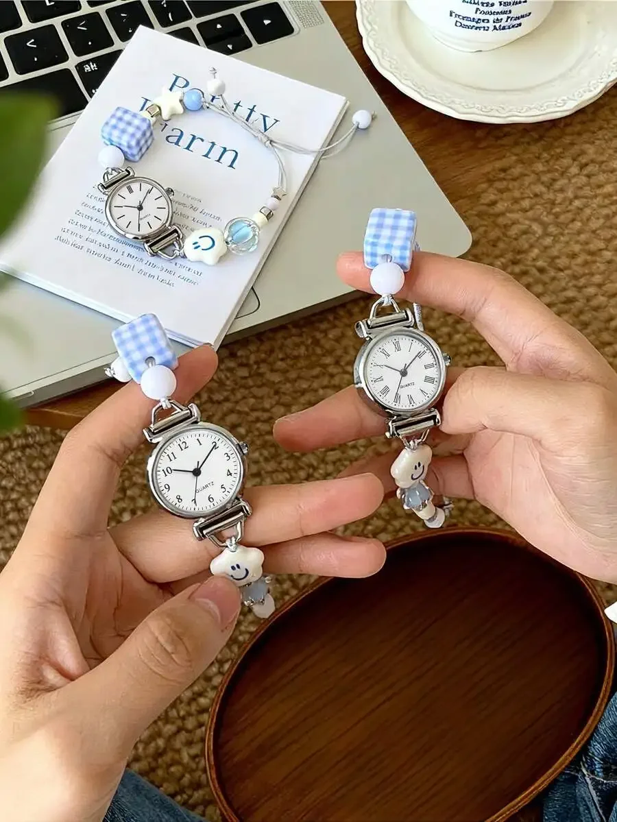 1PC Cute Blue & White Bead Watch For Women, Adjustable Quartz Wristwatch - Unique Daily Fashion Accessory, Perfect Gift For Her