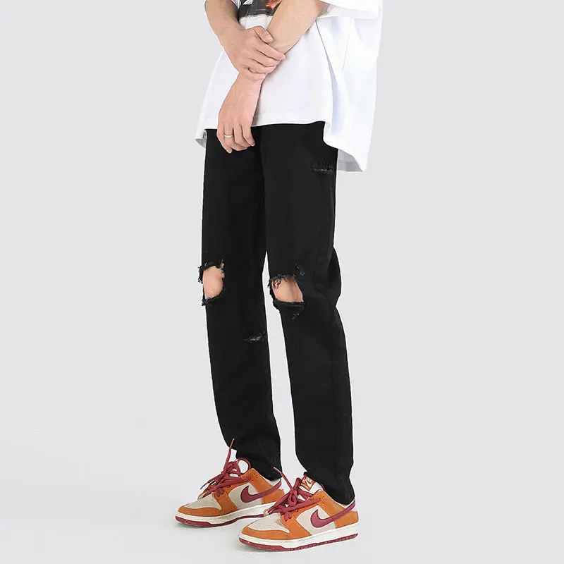 

Men's Summer Faionable Ripped Straight Leg Jeans Casual High Waist Zipper Micro Stretch Trendy Street Sle Long Pants