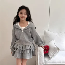 Spring New Korean A-line Cake Skirt Puffy Skirt+Zipper Hat Hoodie Coat Sweet Cool Set baby girl clothes