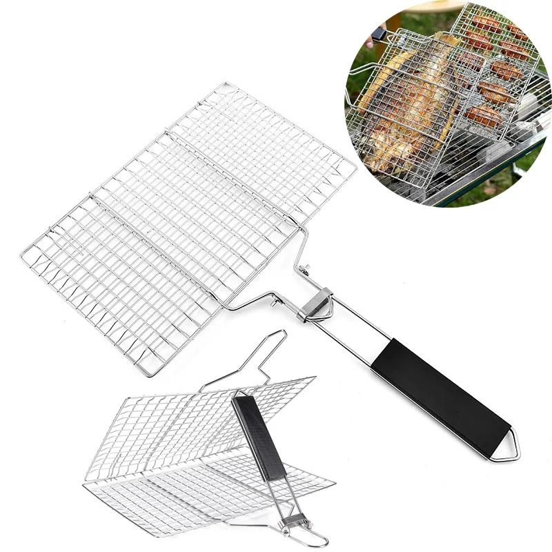 304 Stainless Steel BBQ Grill Barbecue Barbecue Kitchen Utensils Non-stick Basket Meat Vegetable Steak Massage Picnic Dining Bar