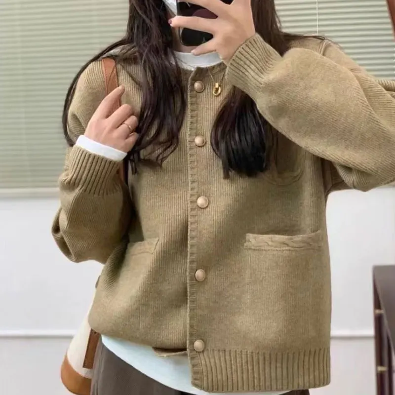 Commute Korean Pockets Cardigan Women's Clothing Basic Solid Color Autumn Winter Stylish Single-breasted Loose Knitted Sweaters