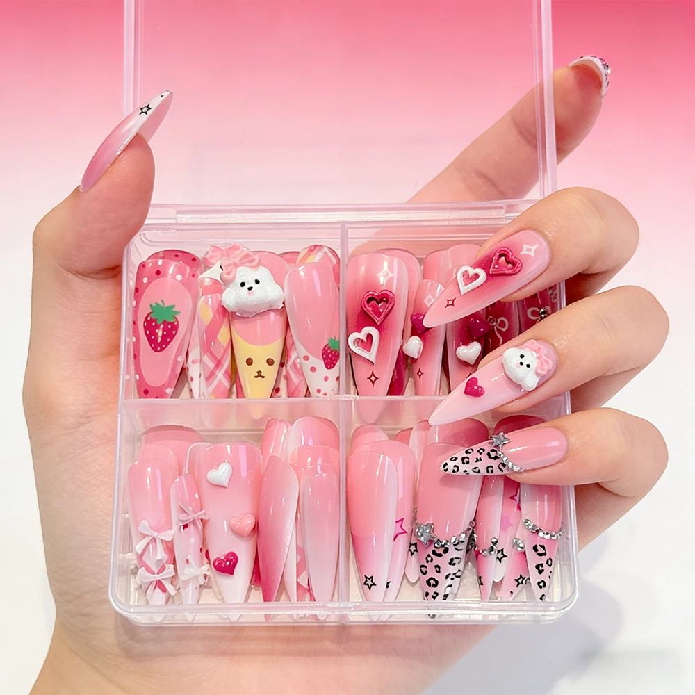 

3D розовые накладные ногти с милым бантом и сердечками, длинные, в форме миндаля, с принтом собаки и леопарда, со стразами, в стиле кавайи - 96