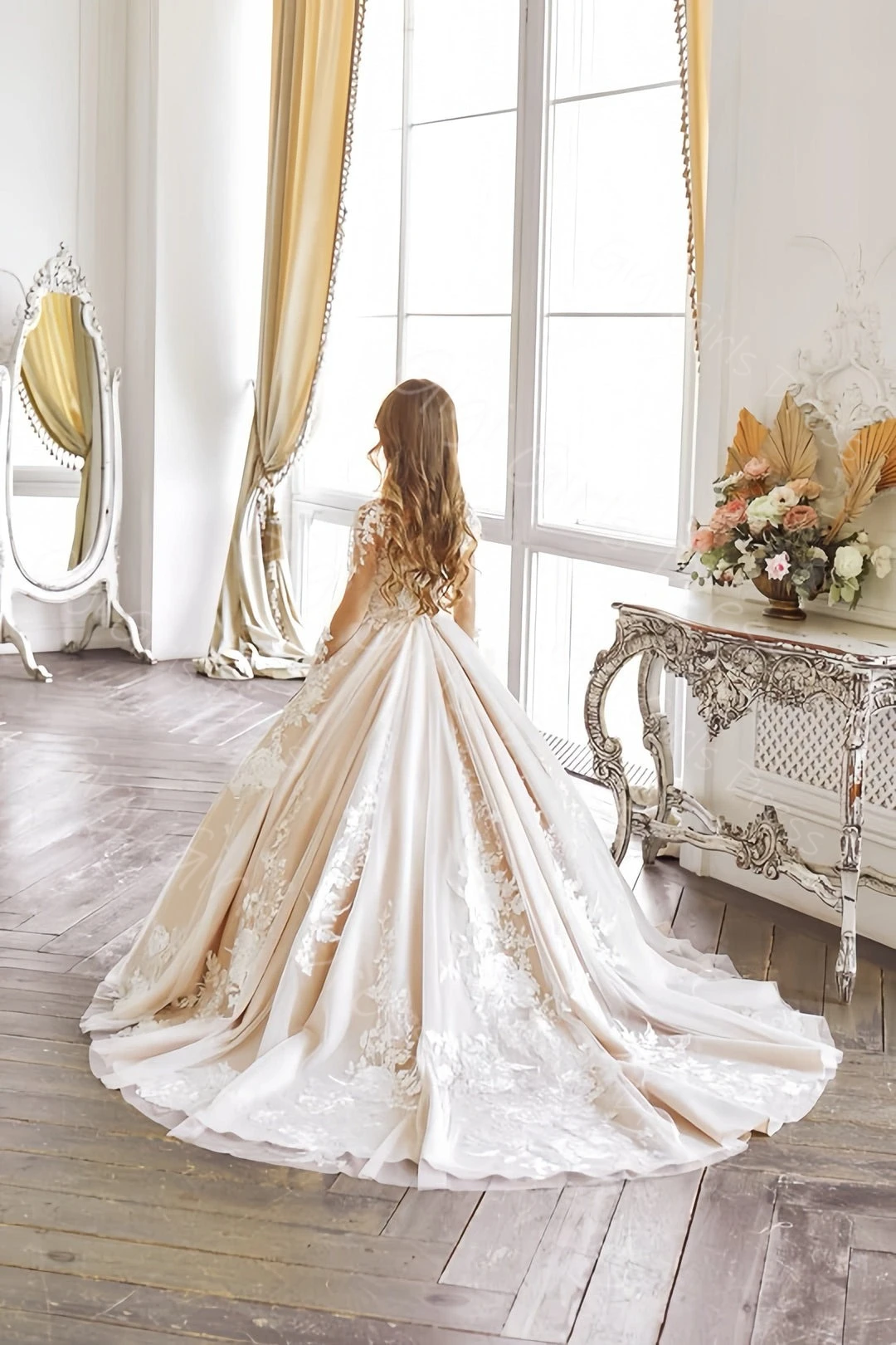 Vestido blanco de primera comunión con apliques de cuello transparente, vestido de niña de flores de manga larga con tren, vestido personalizado para fiesta de cumpleaños y boda