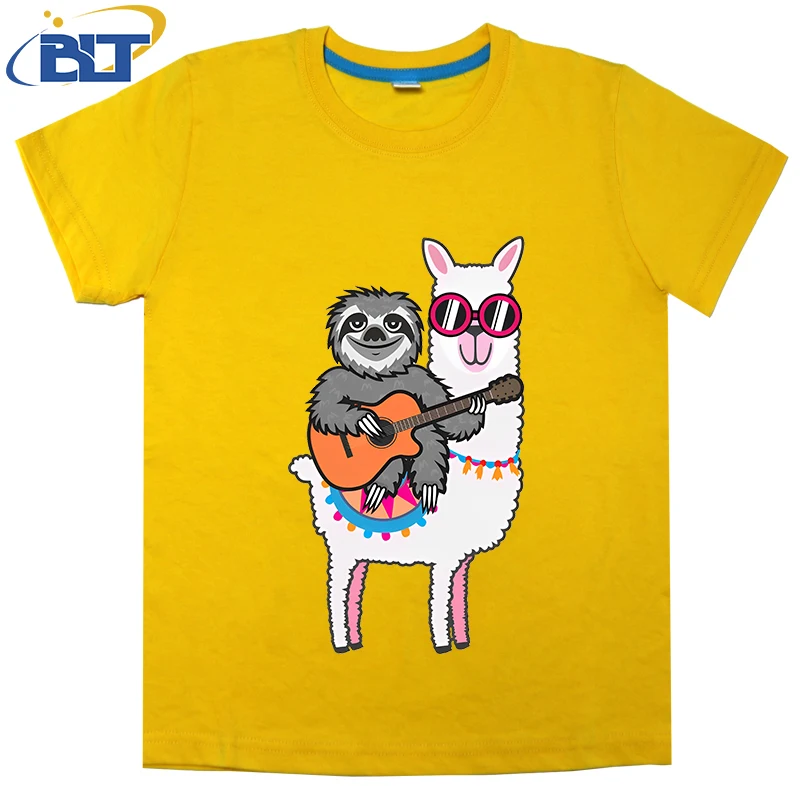 

Sloth guitar llama printed kids T-shirt summer cotton short-sleeved casual top suitable for both boys and girls