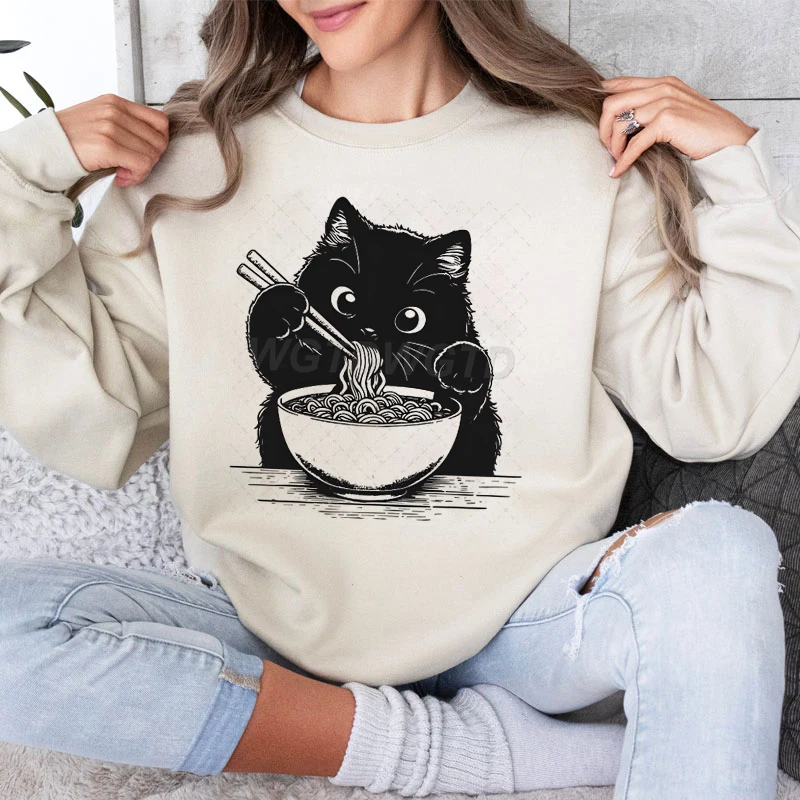 Cat Lover Kawaii Cartoon Sweatshirt Cat Eating Ramen Print Women Fashion Casual Hoodies Japanese Noodle Cats Retro Women Sweater