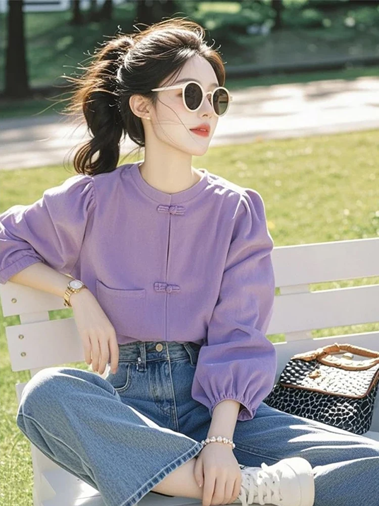 

Chinese Sle round Ne irt Women's Long Sve Pure Color Button up Top Faionable Design Spring Autumn Seasonal Wear