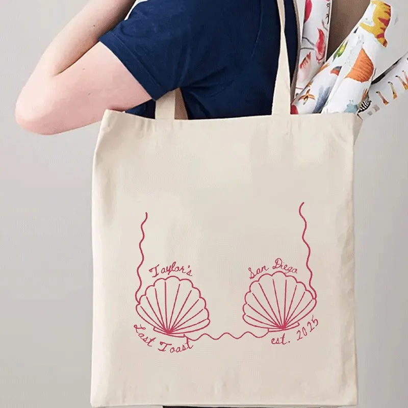 Custom Seashell Bachelorette Text Design Print Canvas Tote Bag Personalized Party Gift Casual Carry Handbag
