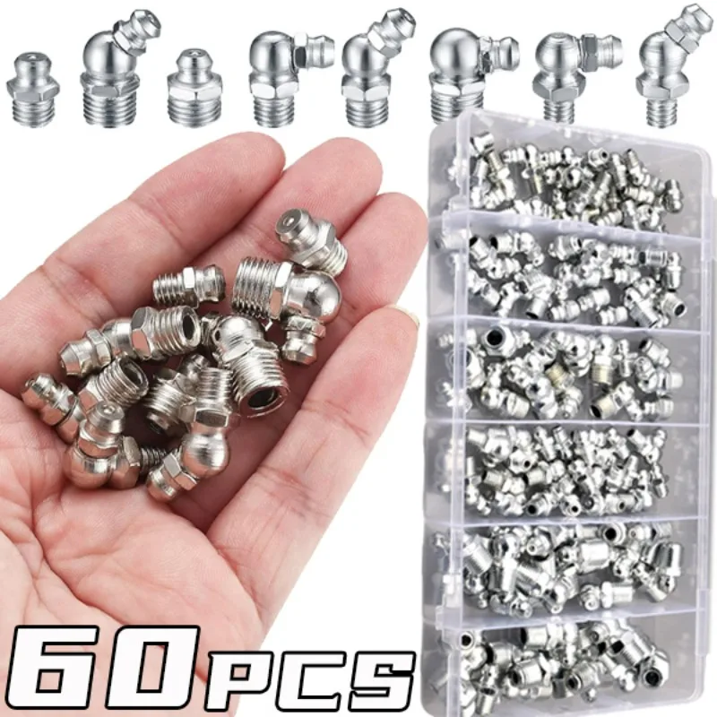 60Pcs Metric Grease Fitting Kit 9 Type Galvanized Metal Hydraulic Grease Zerk Assortment Set M6 M8 M10 Vehicle Nozzle Fuel