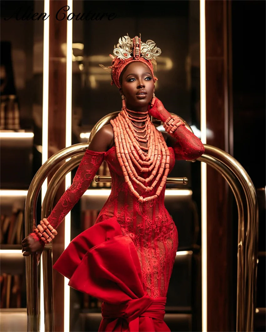 Vestidos de Noche de sirena de encaje rojo de lujo, vestido de compromiso de boda, vestido de fiesta de cumpleaños con mangas largas de encaje personalizado