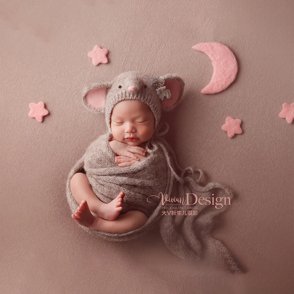 Newborn Photography Props Kit Adorable Knit Elephant Hat Floral Headband Moon+star Photo Backdrop Decor Props Studio Baby Photos