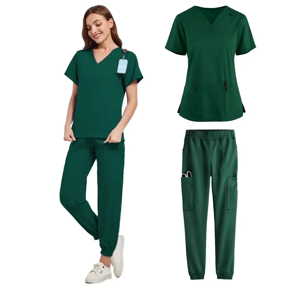 Multicolour Jogger Suits Doctor Nursing Uniforms Short Sleeve V-neck Tops Pocket Pants Nurse Scrubs Set Medical Clinical Clothes