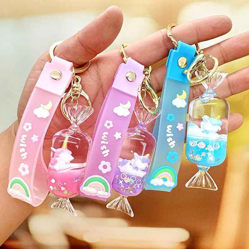 Cartoon oil unicorn floating bottle acrylic keychain girl cute pony quicksand ball pendant bag pendant