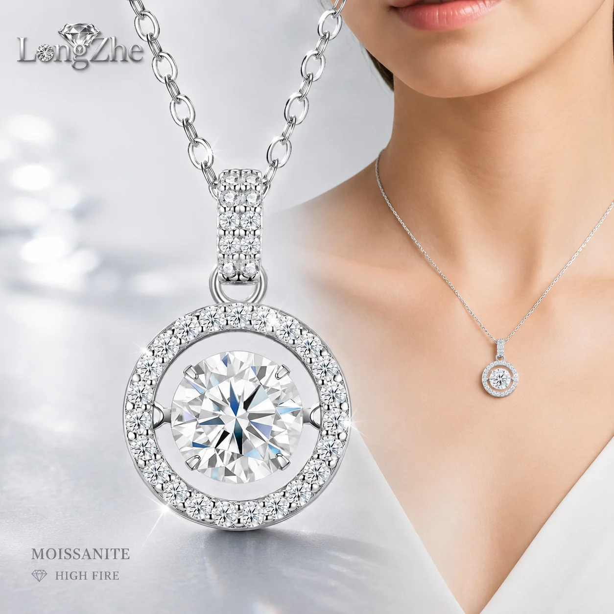 LongZhe Moissanite Pendant Necklace S925 Sterling Silver 1CT Round Halo Pendant 45cm Chain Classic Daily Jewelry Gift for Women