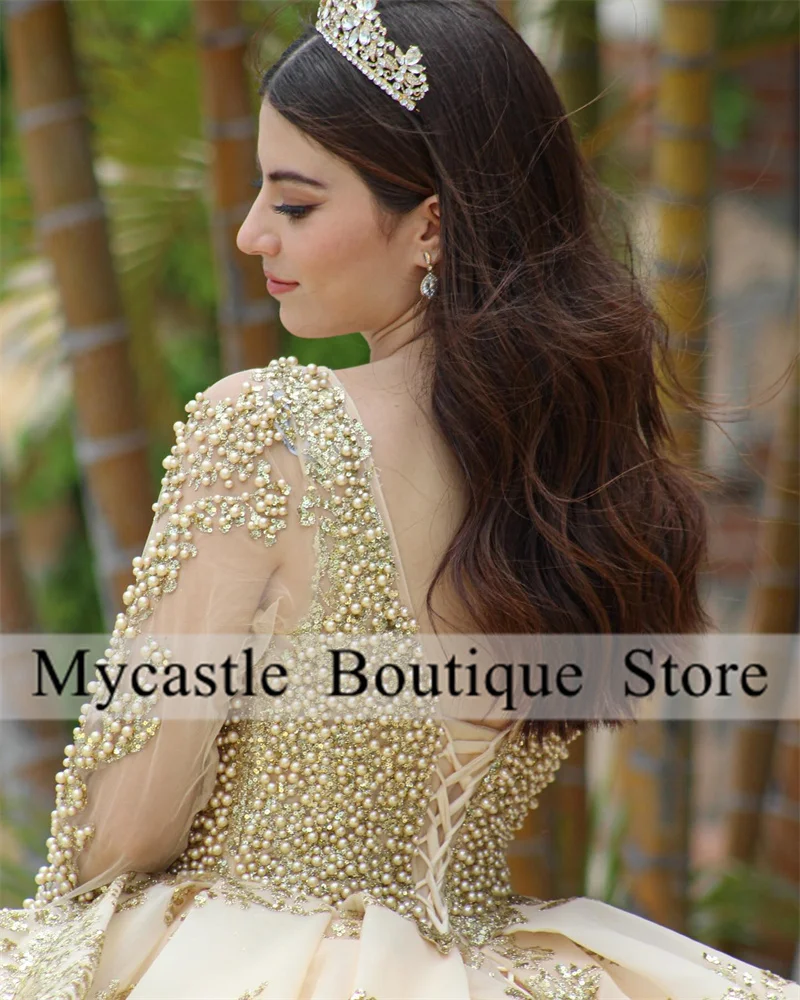 Luxury Shiny Gold Lace Sequins Quinceanera Dress 2024 Long Sleeve Pearls Beaded Ruffles Sweet 16 Dress  Vestidos De XV 15 Anos