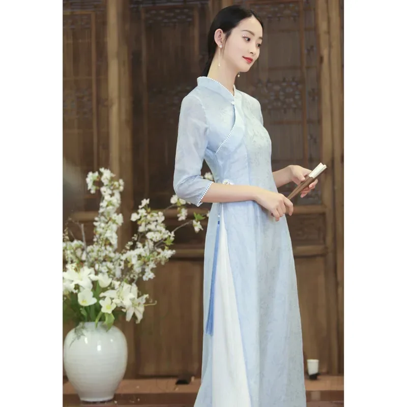 

Spring Slim Ao Dai Improve Dress Simple Elegant Chinese Qipao Dress Long Women Vintage Cheongsam National Style Harajuku Hanfu