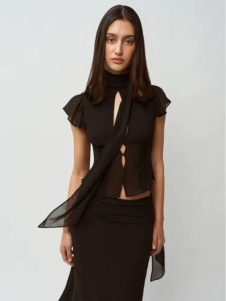 Guiz Apricot Silk Scarf Ribbon Chiffon Shirt Semi-Transparent High-Waist Waist-Cinching Top Low-Waist Pleated Skirt - Image 3