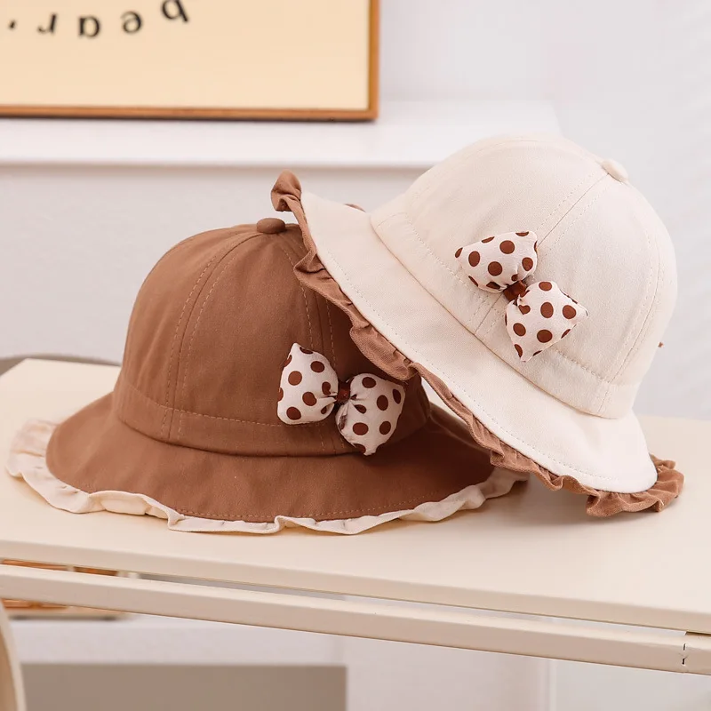 

Sweet Ruffle Baby Fisherman Hat Princess Girls Dot Bow Bucket Hats Drawstring Kids Sunshade Basin Cap 6-24Month Toddler Visors