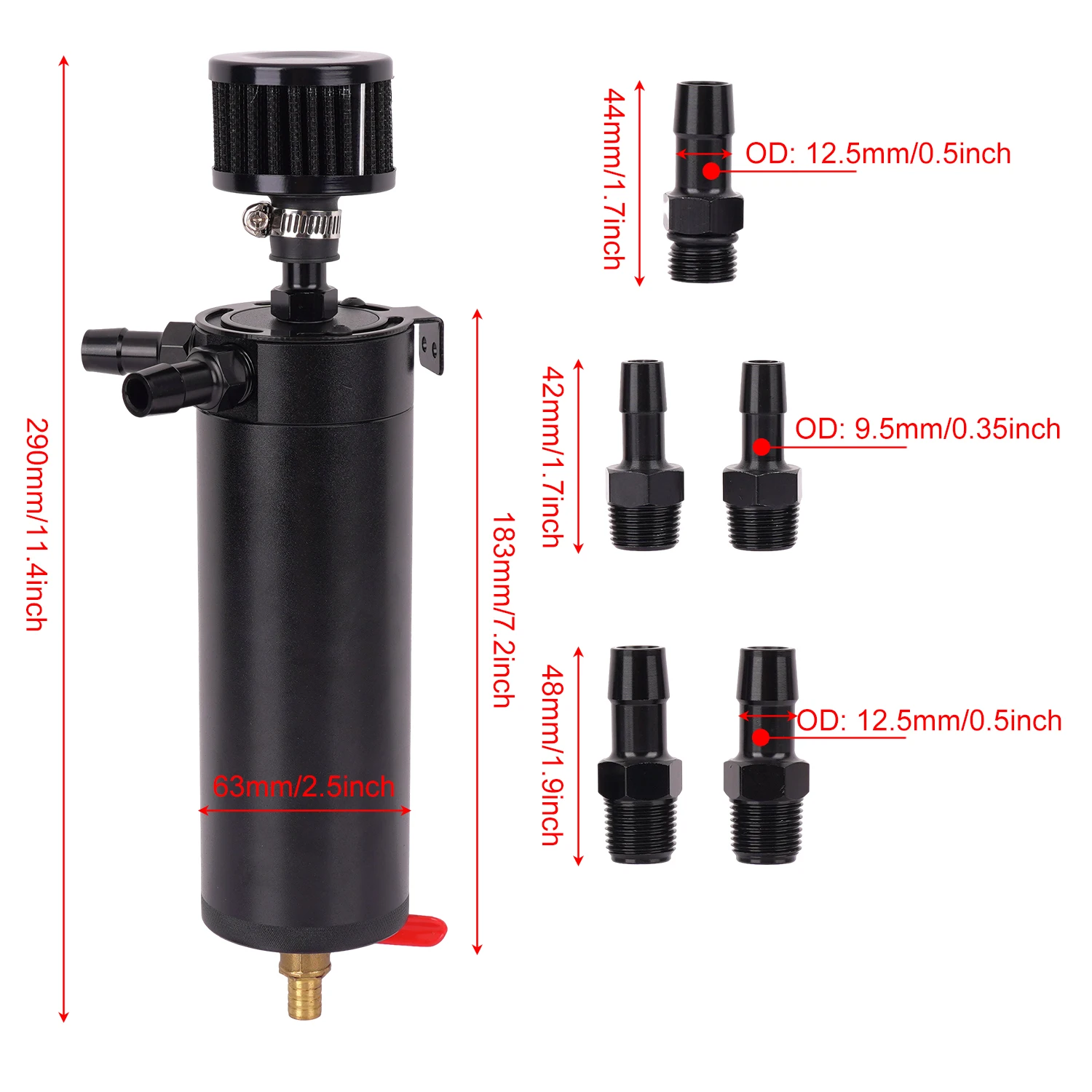 Oil Catch Can Aluminum Baffled 2-Port Universal 500ML With Drain Valve Breather Cylinder Filter Kit Racing Separator Oil Tank