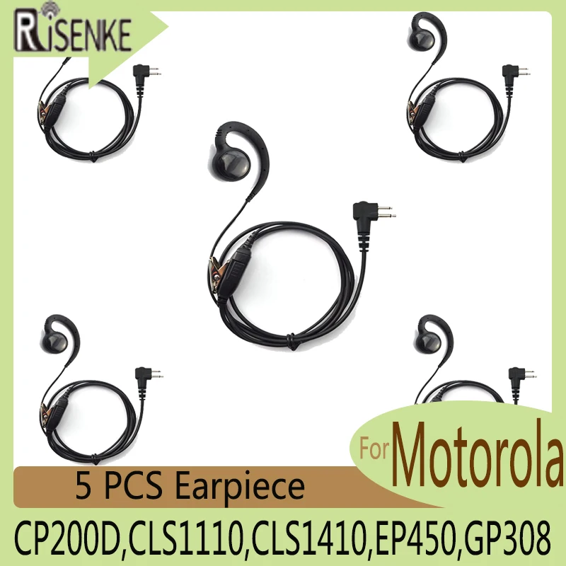 RISENKE-Earpiece Headset with PTT Button Mic,for Motorola Two-Way Radio,Walkie Talkies,CP200D,CLS1110,CLS1410,EP450,GP308, 5 Pcs