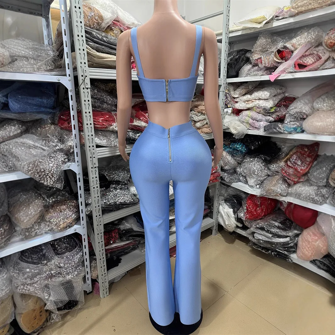 Conjunto de 2 piezas de venta de fábrica, traje de vendaje para mujer, Top corto con corpiño y pantalones largos acampanados, trajes de fiesta para Club de calle alta