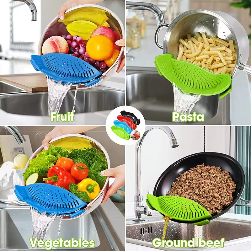 Kitchen Silicone Drainer Pasta Noodle Pot Colander With Clip Rice Vegetable Fruit Food Washing Draining Pan Strainer Gadgets