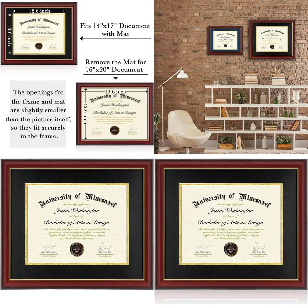 

Рамка для диплома 14x17 с черным ковриком для 16x20 фотографий, вишнево-красная, настенный монтаж