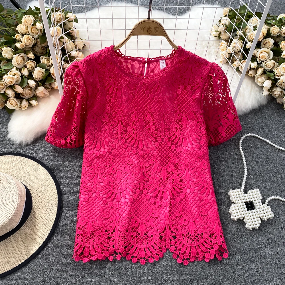 Blusas de verano mujer 2023 Chic Hollow out Puff Sleeve Lace Shirts & Blouses Casual blusas mujer elegantes y juveniles