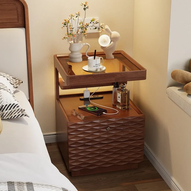 Bedside table Household bedroom Solid wood with lock safe Integrated light luxury high-end medium and ancient style bedside stor