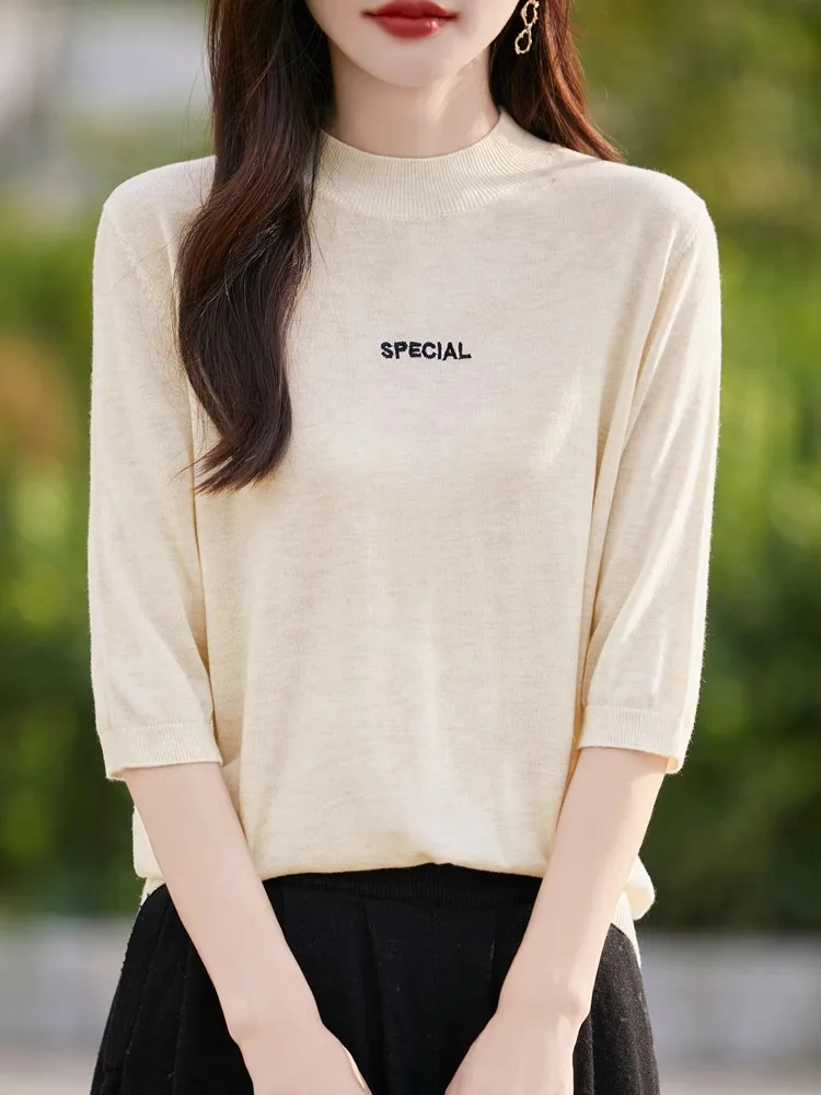 Early Autumn 2024 Women's Casual Loose Knitted Base irt f High Collar Thin Spun Five Sve Loose Fit Commute Sle