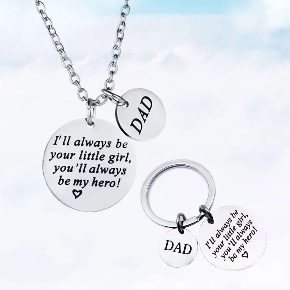 

Necklace Keychain Set Stainless Steel Father Daughter Pendant Daddy Gifts I'll Always Be Your Little 30mm Round