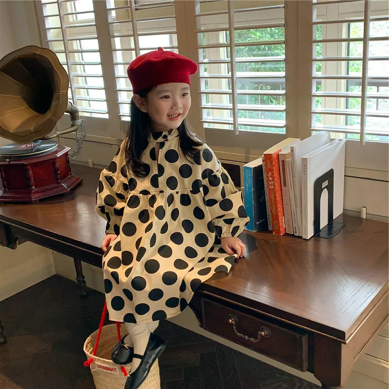 Girls' Polka Dot Stand Collar Button Strap Dress Princess Dress25Spring and Autumn New Fashion Foreign Trade Children's Clothing