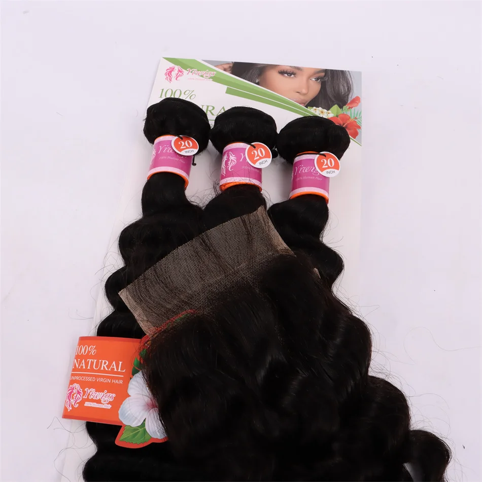 SWANEE-Bundles de cheveux humains Deep Wave non transformés pour femmes noires, mèches de cheveux avec fermetures, 10A, 20 po, 4 age, 16 po