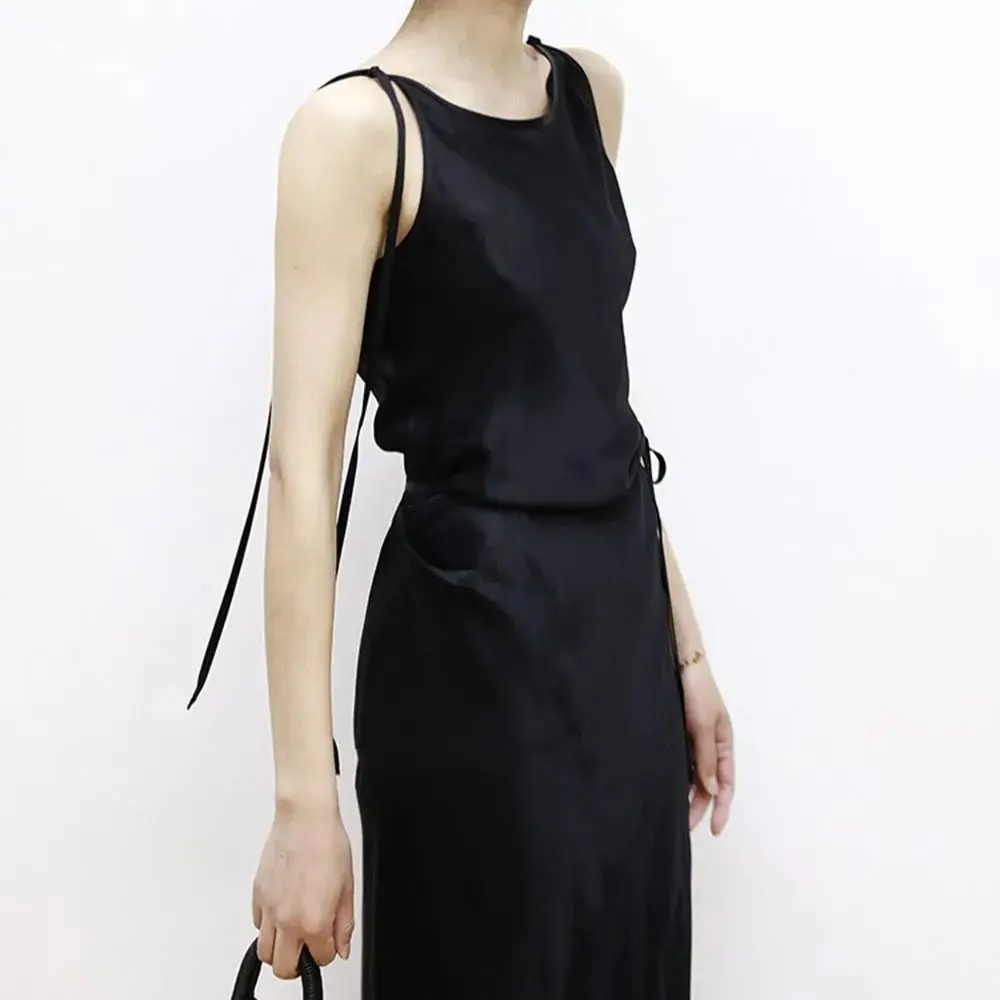 Women's Casual Satin Solid Black Dress 2024 Summer Lace Up Sleeveless Cinched Waist Slim Fit Highly Forked Ankle Length Dress