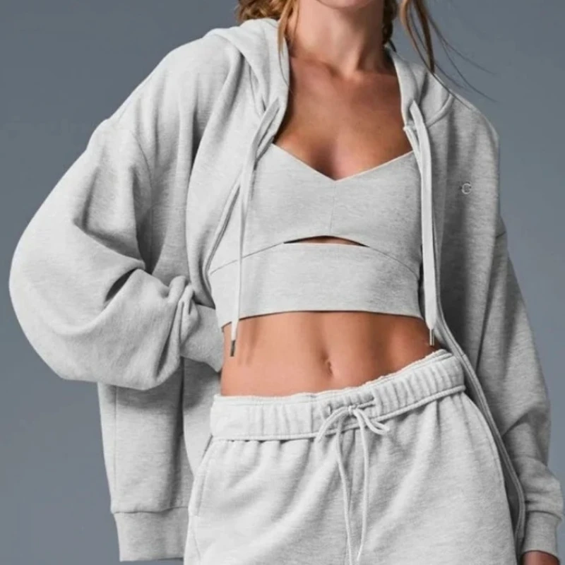 

Women's Coat Fashion 2025 Autumn Zipper Hooded Jacket for Women Sports Solid Grey Loose Casual Sweatshirt Outerwear Cotton Warm