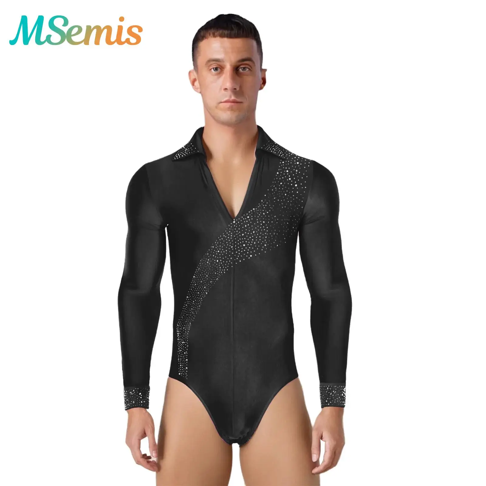 

Mens Latin Danc Dance Bodysuit Shirt Jumpsuit Shiny Rhinestones Long Sleeve Crotch Press Button Ballroom Dance Leotard Costume