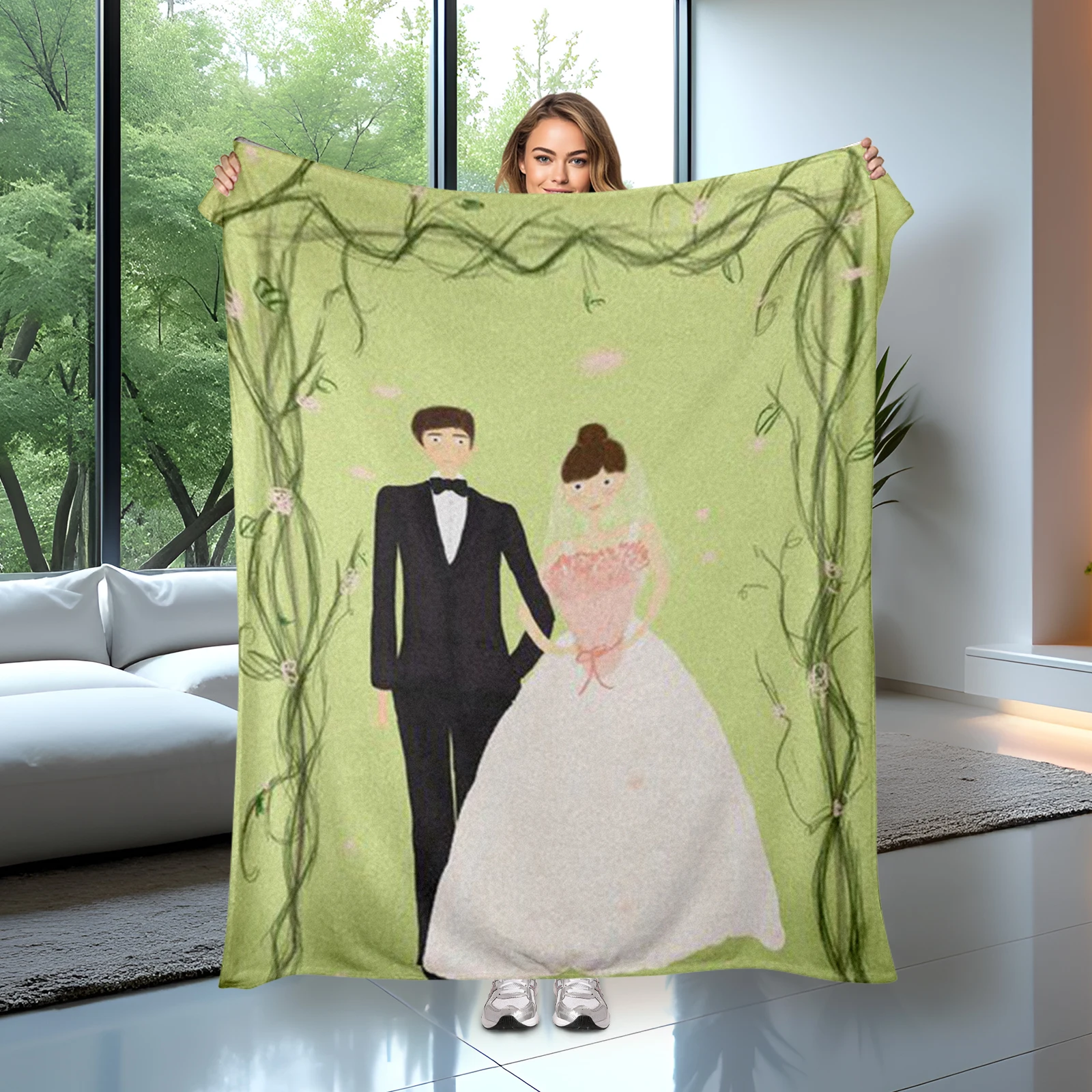 Lovely Cartoon Newlywed Couple Blanket Brings Joy And Warmth To Wedding Season Celebrations