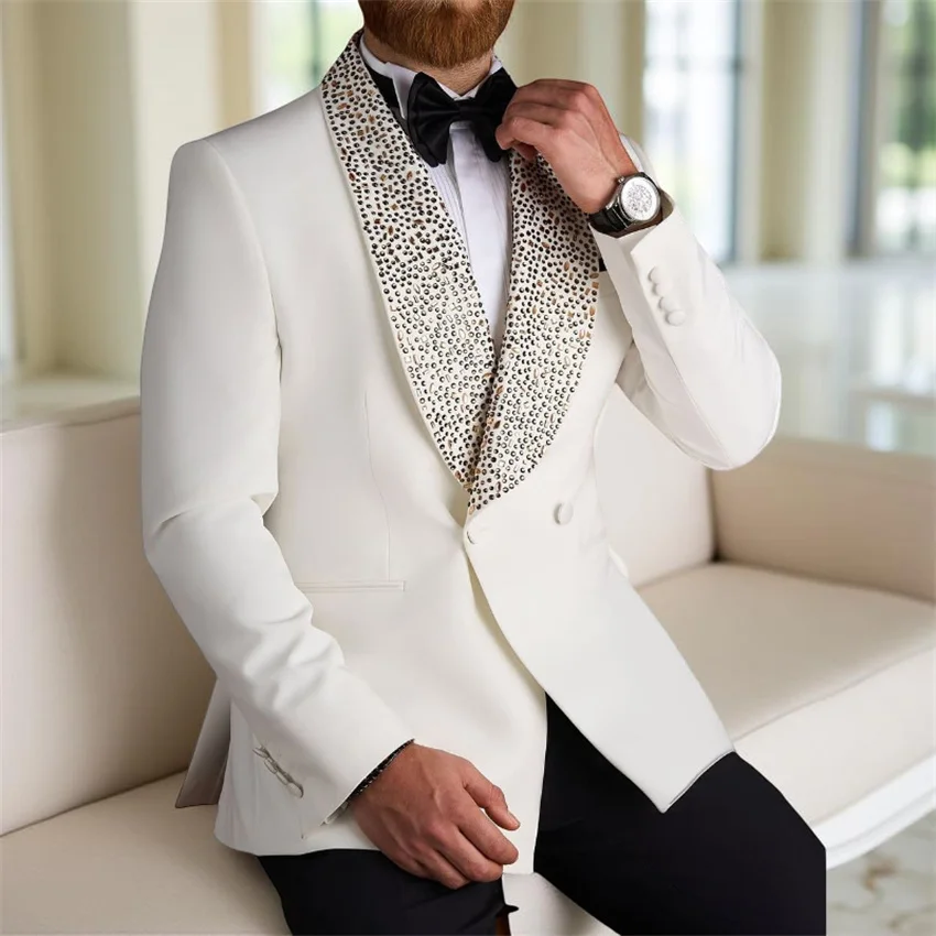 Abiti da sposa di lusso con perline per la festa dello sposo Abiti da uomo slim fit doppiopetto realizzati su misura 2 pezzi Set di moda italiana maschile