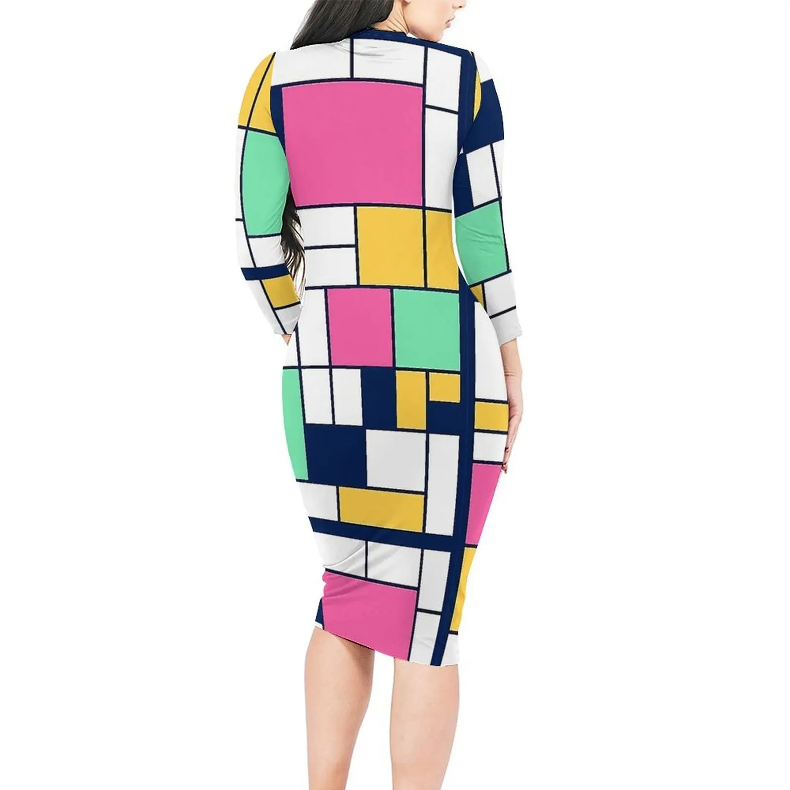 Easter Mondrian  Print Dress Long Sleeve  Streetwear Dresses Spring Cute Bodycon Dress Women Custom Oversized Clothes