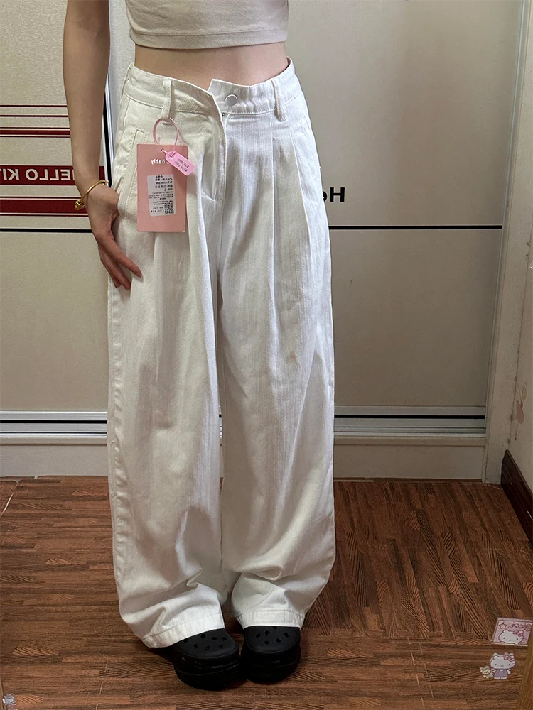 Pantalones vaqueros blancos drapeados de cintura alta con pierna recta y cuchillo sueltos para mujer Otoño Invierno nuevos pantalones de pierna ancha hasta el suelo Sle