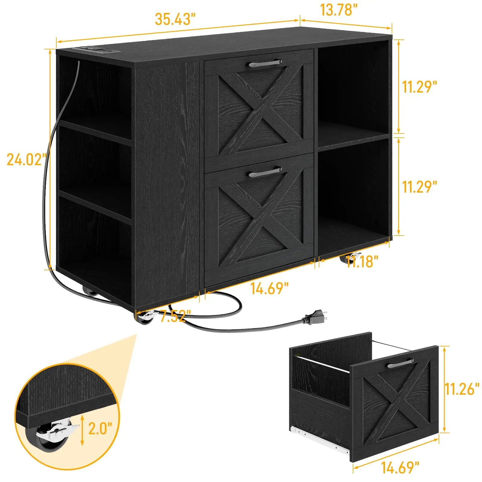 Vabches File Cabinet 2 Drawer Mobile Lateral Filing Cabinet with Charging Station&Storage Shelves Wood Printer Stand Home Office