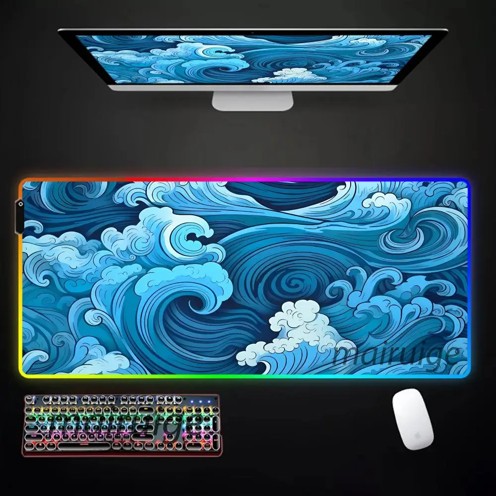 

Blue Wave Mouse Pad XXL RGB Gaming Mouse Pad Gamer Accessories Large LED Light Mousepad PC Computer Rubber Desk Mat with Backlit