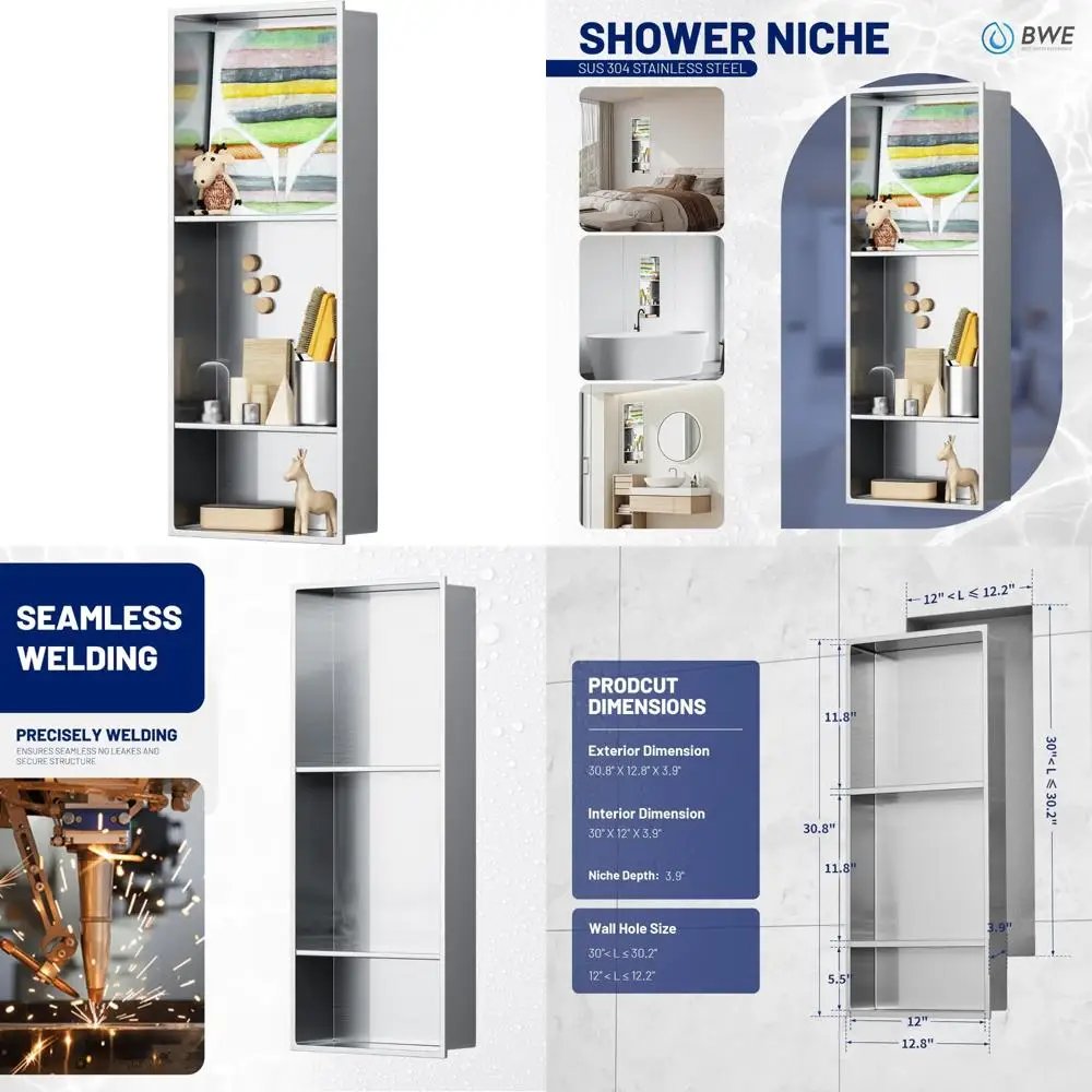

Stainless Steel 3-Tier Shower Niche, 12x30 Inches, No Tile Required for Bathroom Storage